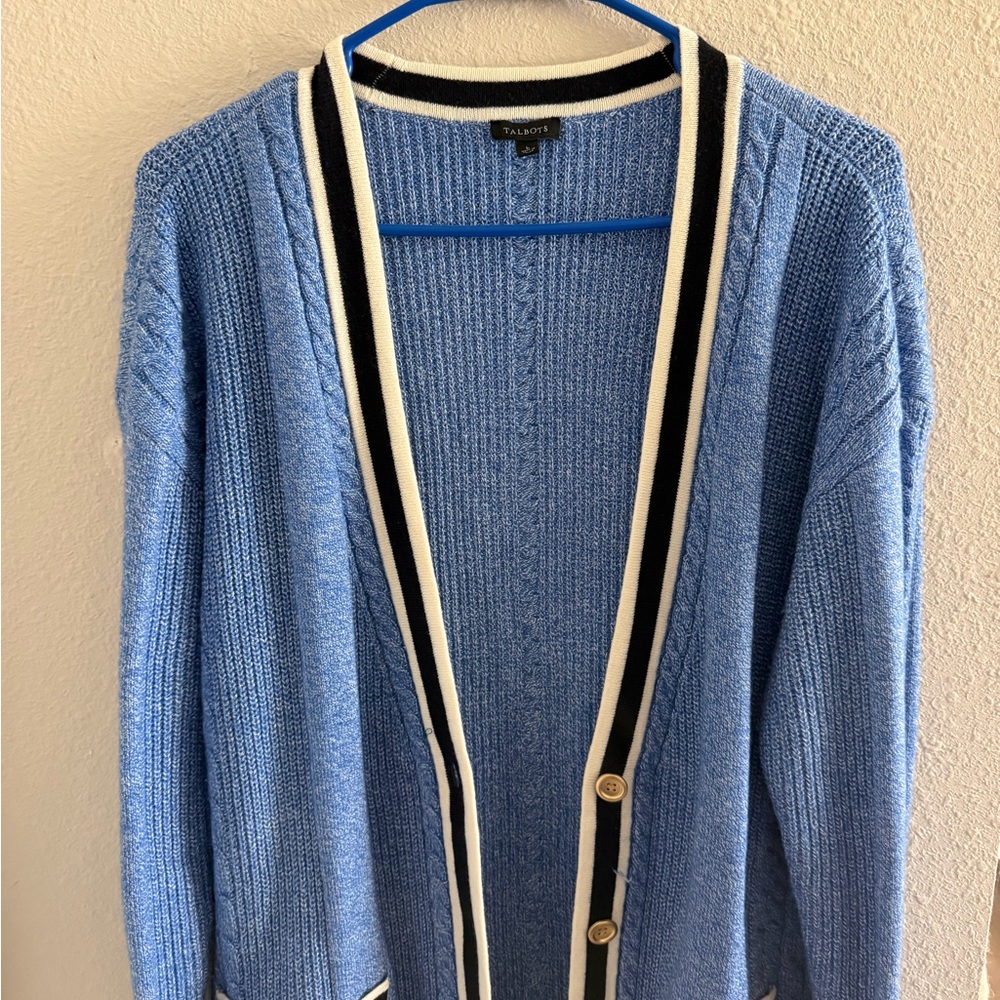 Talbots Blue Cardigan with Black and White Accents - Picture 3 of 12